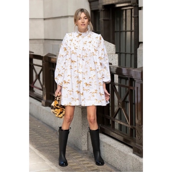 New with Tags GANNI White Horse Print Cotton Mini Dress - Picture 3 of 16